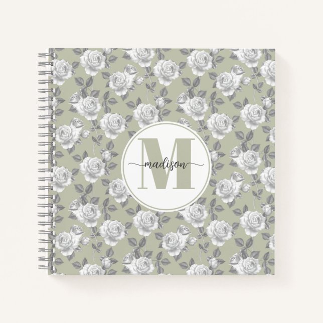 Rose Garden Monogram Sage Green Notebook Notizbuch (Vorderseite)