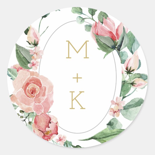 Rose Garden Monogram Wedding Siegel Runder Aufkleber (Vorderseite)
