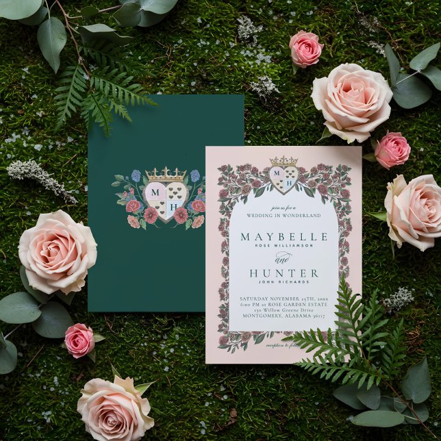 Rose Garden Royal Crown Mongram Herz Einladung (Fairytale Rose Garden Royal Crown Monogram Heart Invitation)