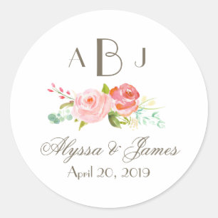 Rose Garden Three Letter Monogram Label Runder Aufkleber