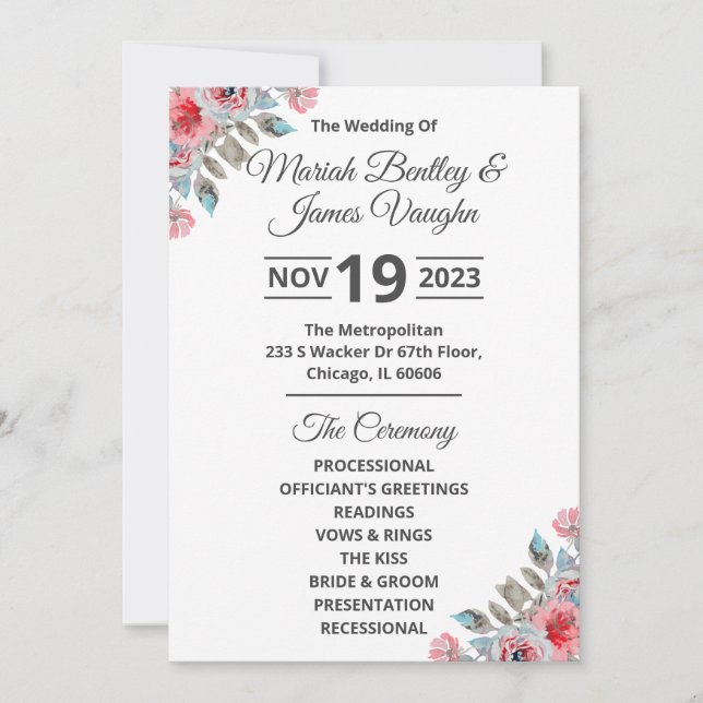 Rose Garden Wedding Program Wide Einladung (Vorderseite)