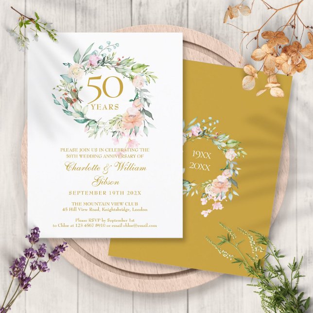 Rose Garland 50. Goldenes Hochzeitstag Einladungspostkarte (Roses Garland 50th Golden Wedding Anniversary Invitation Postcard)