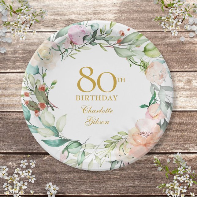 Rose Garland 80. Geburtstagsparty Pappteller (Watercolor Roses Garland 80th Birthday Party Paper Plates)
