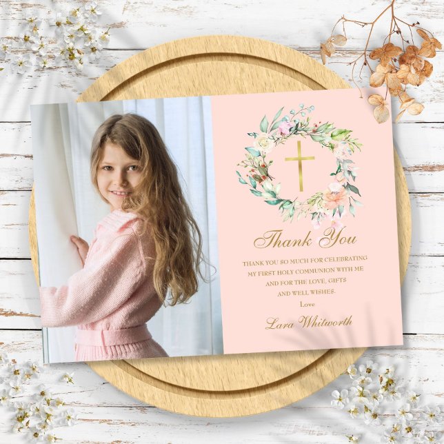 Rose Garland Floral Erste Heilige Kommune Foto Dankeskarte (Rose Garland Floral First Holy Communion Photo Thank You Card)