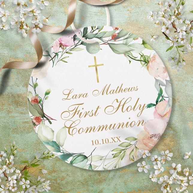 Rose Garland Floral First Holy Communion Geschenkanhänger (Rose Garland Floral First Holy Communion Favor Tags)