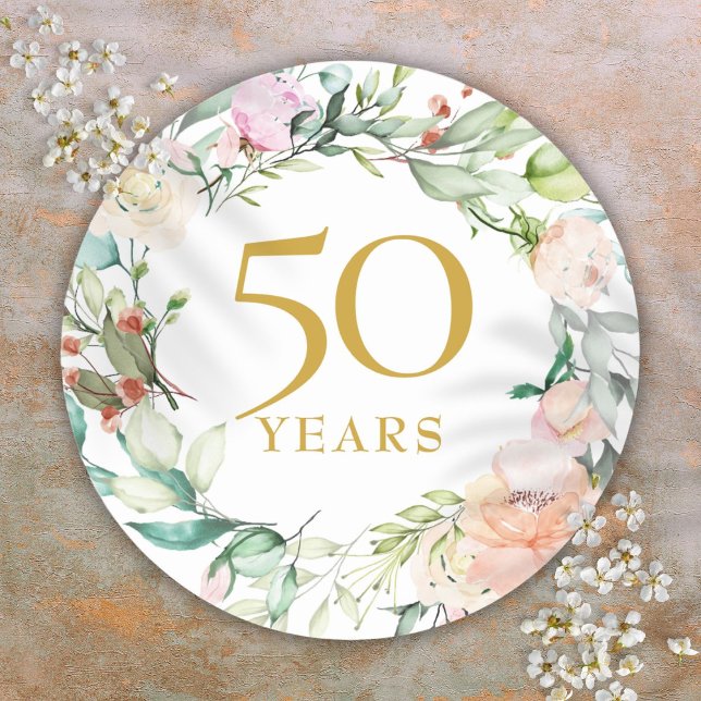 Rose Garland Gold 50. Hochzeitstag Runder Aufkleber (Roses Garland Gold 50th Wedding Anniversary Classic Round Sticker)