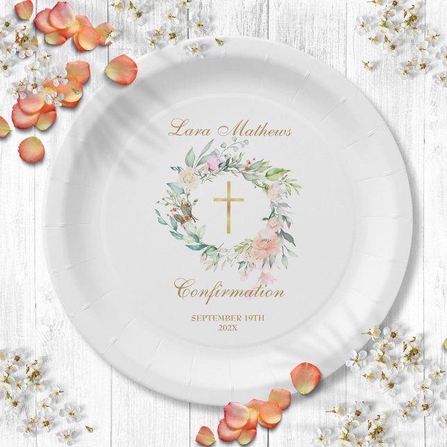 Rose Garland Gold Bestätigung Pappteller (Woodland Rose Garland Gold Confirmation Paper Plates)