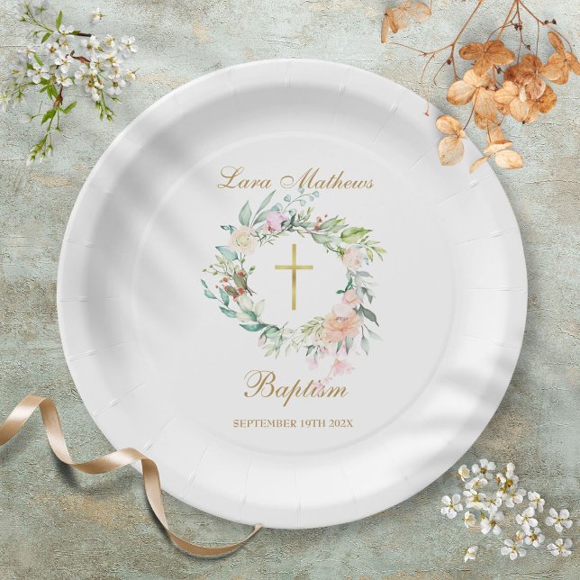 Rose Garland Taufe Christening Pappteller (Woodland Rose Garland Baptism Christening Paper Plates)