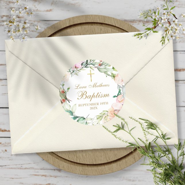 Rose Garland Taufe Christening Runder Aufkleber (Woodland Rose Garland Baptism Christening Classic Round Sticker)