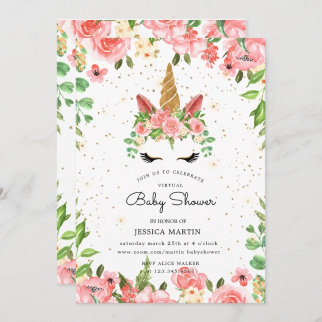 Rose Gartenschläfrige Einhorndusche Einladung (Vorne/Hinten)