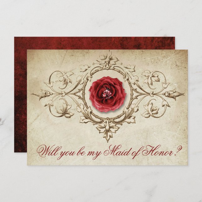 Rose | Gefragt Vintage Crimson-Trauzeugin Einladung (Vorne/Hinten)