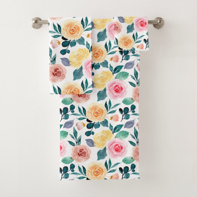 Rose Gelb rosa Wasserfarbmuster Badhandtuch Set (Insitu)