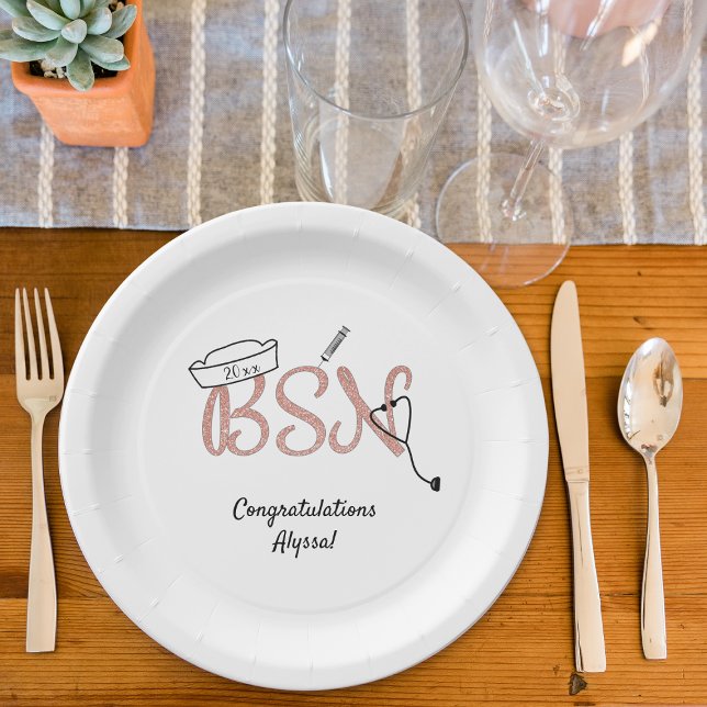 Rose Glitzer BSN Nurse Abschluss Pinning Party Pappteller (Von Creator hochgeladen)