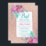 Rose Glitzer florale Aquarell Bat Mitzvah Einladung<br><div class="desc">Rose Gold Glitzer geometrische Rahmen und Glitzer Konfetti Typografie Bat Mitzvah mit handgemalten grünen Aquarellblättern Zweige,  rosa Blume,  perfekt für Frühling und Sommer Party.</div>