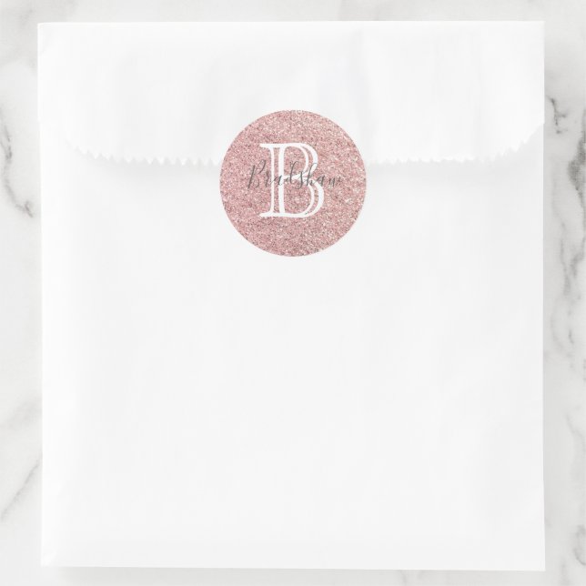 Rose Glitzer Glitzern Monogramm Name Runder Aufkleber (Tasche)