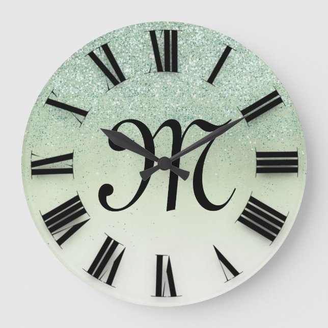 Rose Glitzer Monogramme römische Nummern Große Wanduhr (Vorderseite)