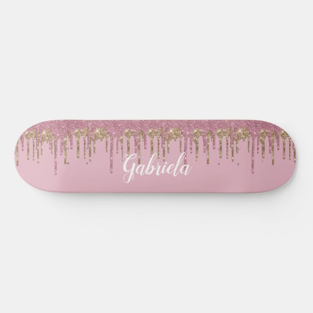 Rose Glitzer Skateboard mit Namen (Horizontal)