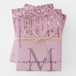 Rose Glitzer Tropfen Personalisiert Monogramm und Geschenkpapier Set