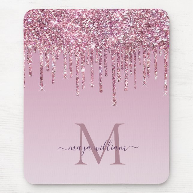 Rose Glitzer Tropfen Personalisiert Monogramm und  Mousepad (Vorne)
