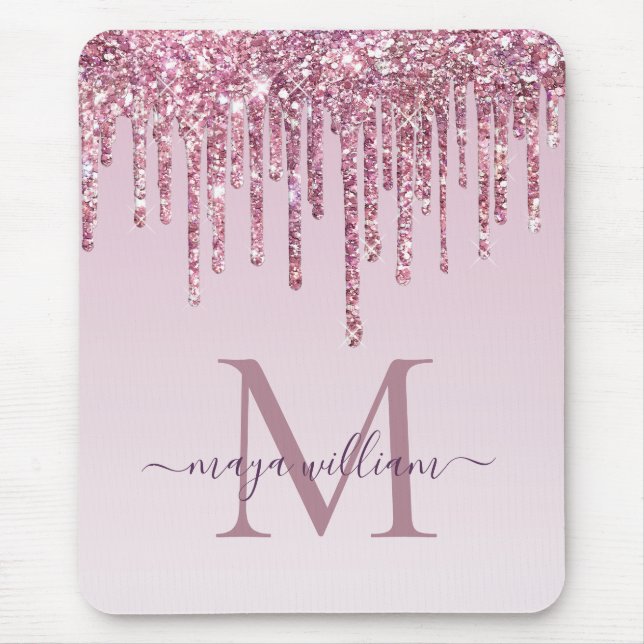 Rose Glitzer Tropfen Personalisiert Monogramm und  Mousepad (Vorne)