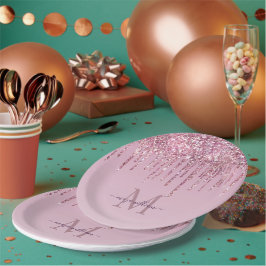 Rose Glitzer Tropfen Personalisiert Monogramm und  Pappteller