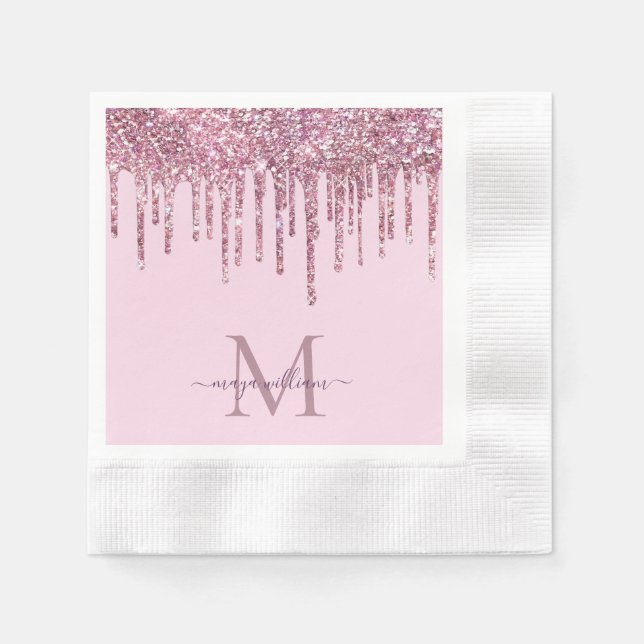 Rose Glitzer Tropfen Personalisiert Monogramm und  Serviette (Vorderseite)