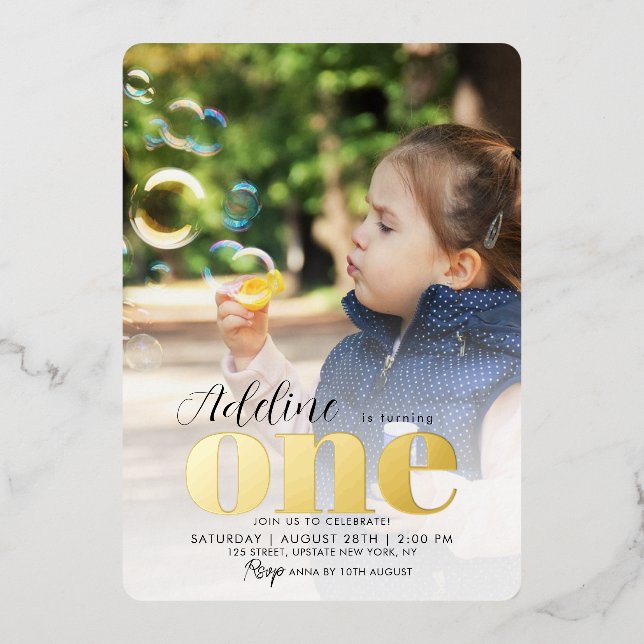 Rose Gold 1. Geburtstag Party 1 Foto Folieneinladung (Vorderseite)