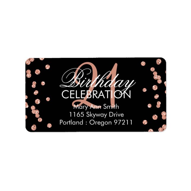 Rose Gold 21. Geburtstag Glitzer Confetti Black Adressaufkleber (Vorne)