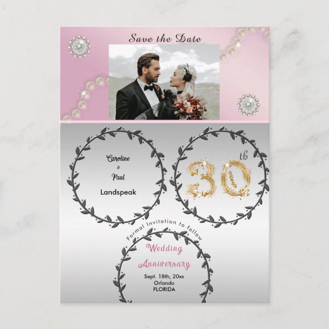 Rose Gold & 30. Perlen Jubiläum Save the Date Postkarte (Vorderseite)