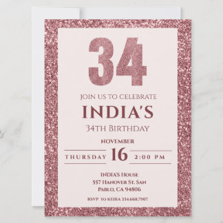 Rose Gold 34. Geburtstagsparty Einladung