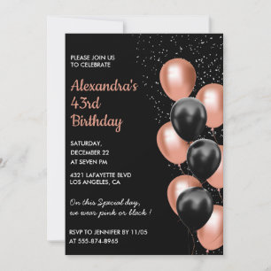 Rose gold 43. Geburtstags Einladung Balloon Black