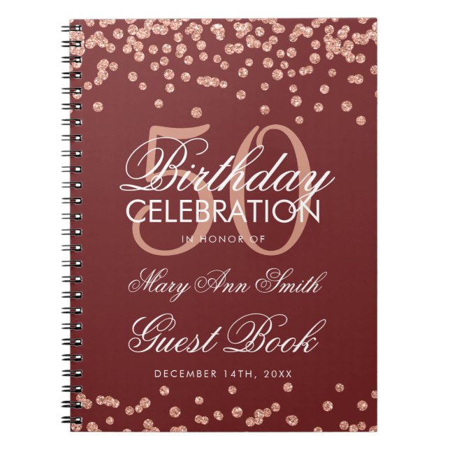 Rose Gold 50 Geburtstag Gästebuch Confetti Burgund Notizblock (Vorderseite)