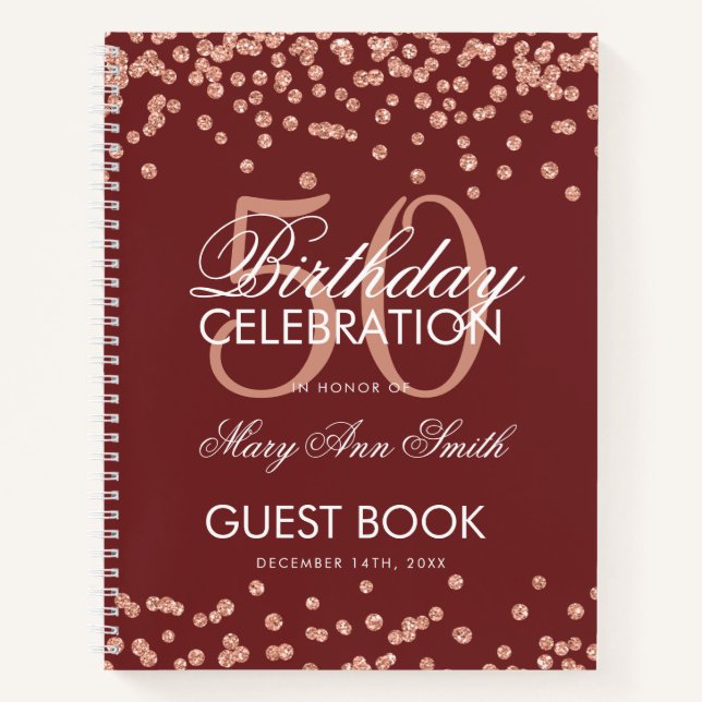 Rose Gold 50 Geburtstag Gästebuch Confetti Burgund Notizbuch (Vorderseite)