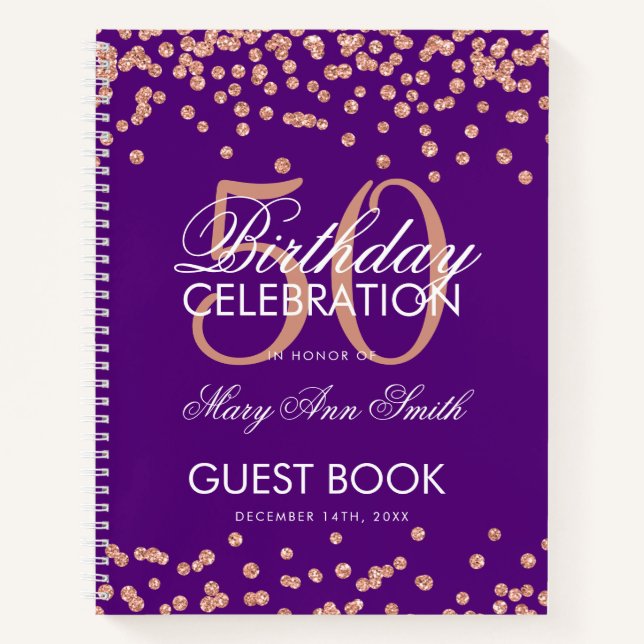 Rose Gold 50. Geburtstag Gästebuch Confetti Lila Notizbuch (Vorderseite)