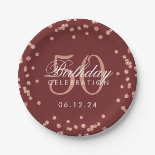 Rose Gold 50. Geburtstag Glitzer Confetti Burgund Pappteller