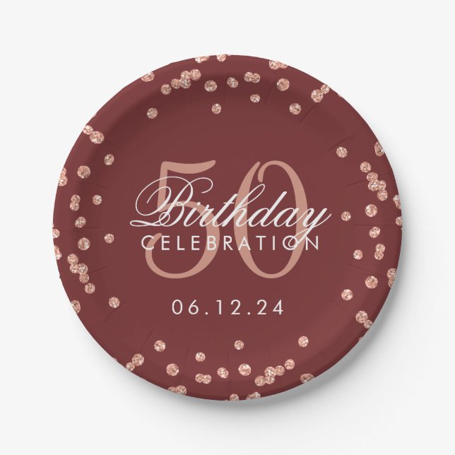 Rose Gold 50. Geburtstag Glitzer Confetti Burgund Pappteller (Vorderseite)