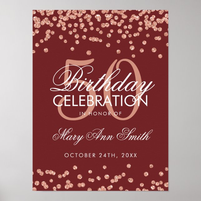 Rose Gold 50. Geburtstag Glitzer Confetti Burgund Poster (Vorne)