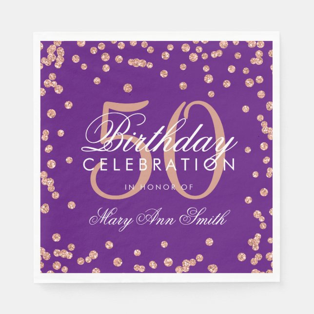 Rose Gold 50. Geburtstag Glitzer Confetti Lila Serviette (Vorderseite)