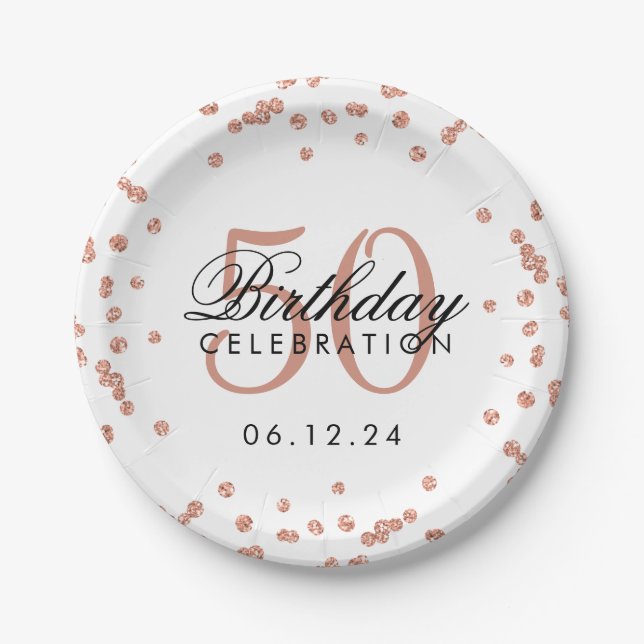 Rose Gold 50. Geburtstag Glitzer Confetti Weiß Pappteller (Vorderseite)