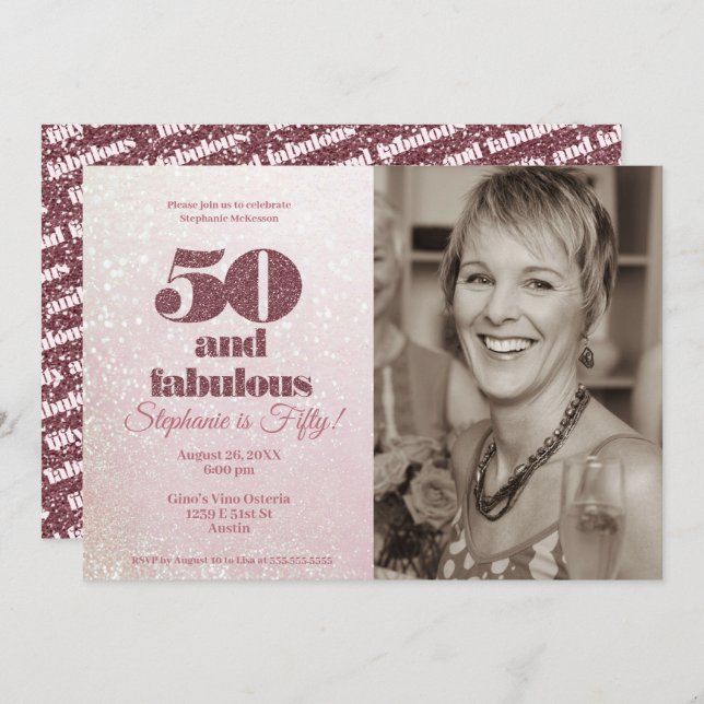 Rose Gold 50 und fabelhafte Elegant Fünfzig Geburt Einladung (Vorne/Hinten)