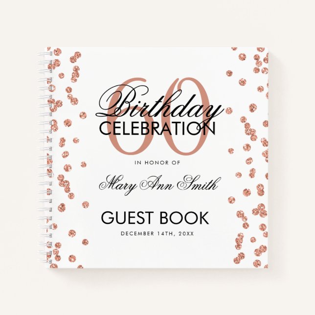 Rose Gold 60. Geburtstag Gästebuch Confetti White Notizbuch (Vorderseite)