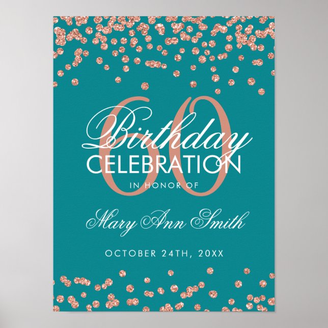 Rose Gold 60. Geburtstag Glitzer Confetti Aquamari Poster (Vorne)