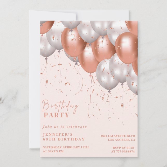 Rose gold 68. Geburtstag Einladungen Balloon Glam (Vorderseite)