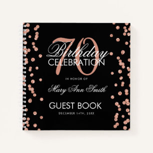 Rose Gold 70. Geburtstag Gästebuch Confetti Black Notizbuch