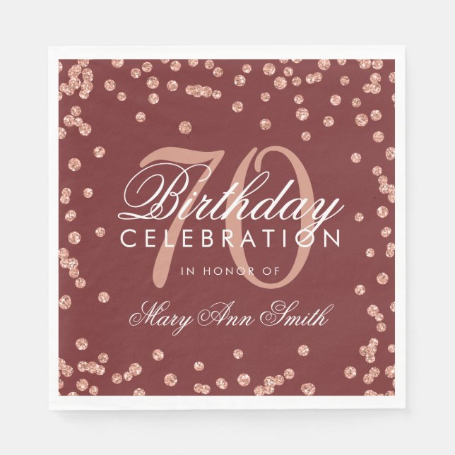 Rose Gold 70. Geburtstag Glitzer Confetti Burgund Serviette (Vorderseite)