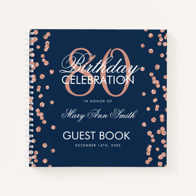 Rose Gold 80. Geburtstag Gästebuch Confetti Marine Notizbuch (Vorderseite)