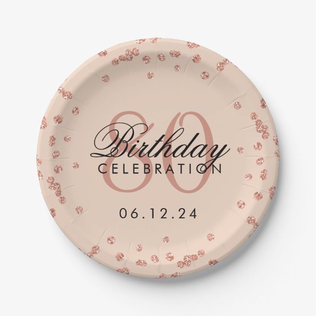 Rose Gold 80. Geburtstag Glitzer Confetti Blush Pappteller (Vorderseite)