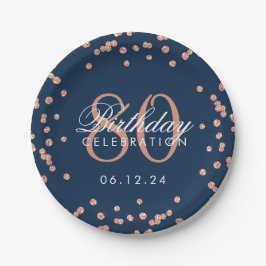 Rose Gold 80. Geburtstag Glitzer Confetti Navy Blu Pappteller