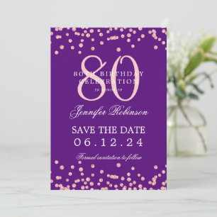 Rose Gold 80. Geburtstag Rett Datumsangaben Lila Einladung