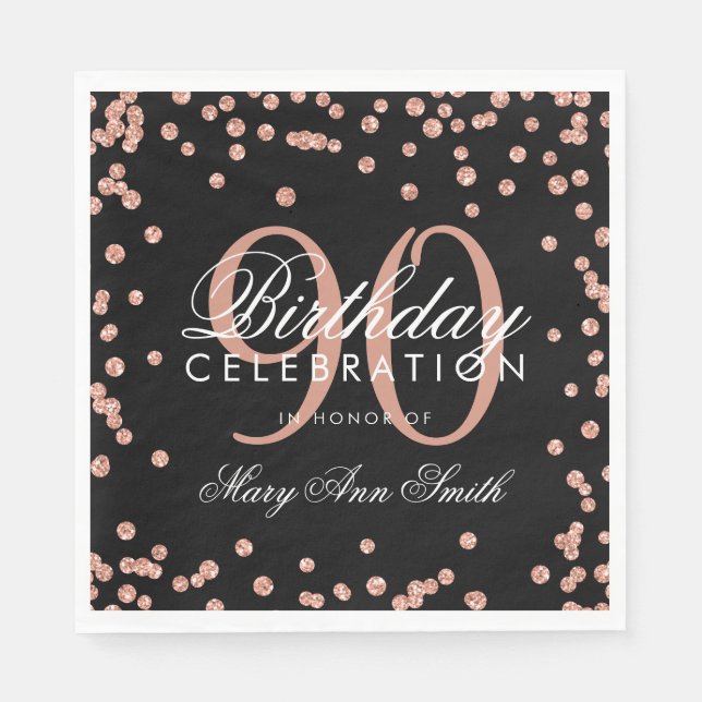Rose Gold 90. Geburtstag Glitzer Confetti Black Serviette (Vorderseite)
